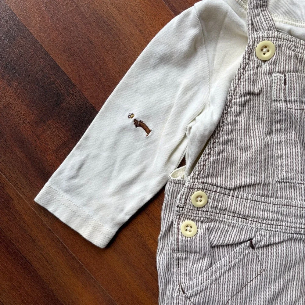 Gymboree Baby 6-12M Hickory Stripe Overalls Dachshund Shirt Set 2006 Vintage